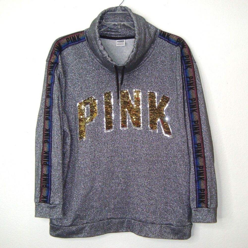 VS Victorias Secret PINK Sequin Bling Campus Cowl Neck Pullover Sweater Top